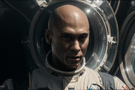 half body photo of LReddick in space suit in scifi movie scene, spaceship deck, <lora:LanceReddick-01:0.9>, action, man, dynamic pose, running, wearing white tuxedo, man, white suit, bald, (masterpiece:1.2), best quality, high quality, (absurdres:1.2), realistic, UHD, ultrarealistic, 50mm,  <lora:add_detail:0.3> epiCRealism <lora:allymech:0.7>