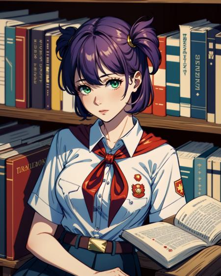 bllena, green eyes, purple hair, twintails, white shirt, red badge on shirt, red bow-tied neckerchief, leather belt, blue skirt, yellow hairpin