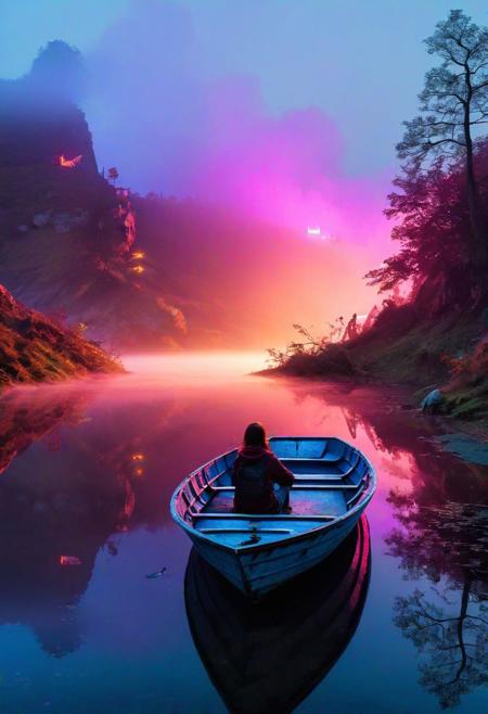 (Neon Light Trails Photography by Marion Ettlinger and Alyson Hunter:1.2), castle on top of hill with haunted atmosphere, star sky,( award winning, (aesthetic of abstract landscape with wailing atmosphere:0.1),dystopian style from the cave you can see a smooth lake, a girl and a dog are sitting in a boat, there is fog on the shore, a dark forest, mountains are illuminated by dawn in a haze . bleak, post-apocalyptic, somber, dramatic, highly detailed
 battle stancevibrant,  , highly detailed,byJocelyn Hobbie and Charles Dwyer, Triadic color guide,Leica Q2 with Summilux 28mm f/1.7 ASPH, ,clear face, Ultra High Resolution,