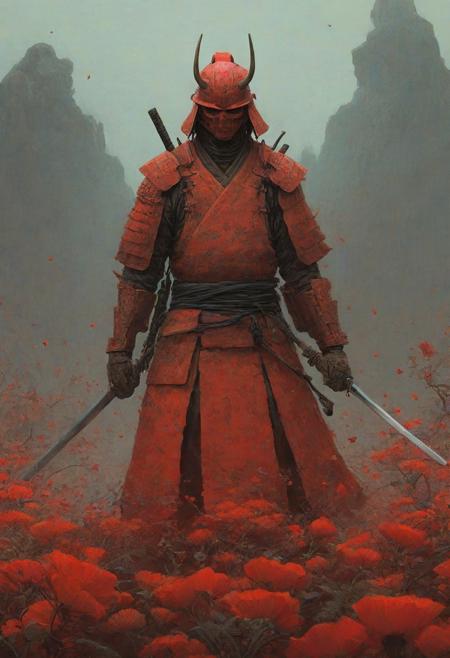 digital artwork by Beksinski, samurai, flowers, vibrant colors, red theme, gray theme