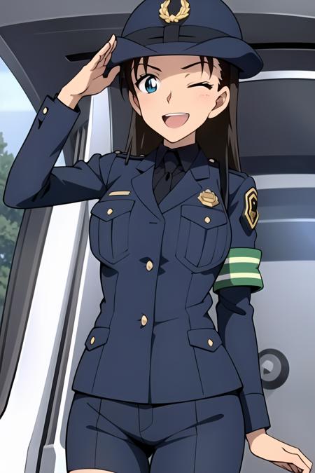 ((masterpiece)),((best quality)),ultra-detailed,illustration,police,uniform,police uniform,1girl, solo, one eye closed, salute, uniform, necktie, police uniform, police, policewoman, blue eyes, brown hair, open mouth, smile, armband, long hair, ;d, looking at viewer, upper body, anime coloring, dark skin, jacket, black necktie, shirt, long sleeves,Black stockings, black high heels, outdoor, car, police car, road,Beautiful body,Beautiful Nose,Beautiful character design,perfect eyes,perfect face,alluring,wallpaper,perfect lighting,Colorful,ultra highres,4K,photography,(Beautiful, medium breasts:1.2),(beautiful face:1.2),(narrow waist),shiny skin,anime screencap,from below,<lora:Miyamoto Yumi1:0.7>,mature female,