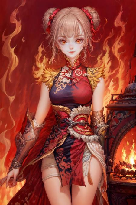 1girl, solo, looking at viewer, colorful, darl background, red theme, fire at background, (detailed eyes), detailed face,  <lora:add_detail:1>, <lora:Iridescence:0.75>, <lora:Wanwan-Agile_Tiger:0.8>, wanwan_at, smiling