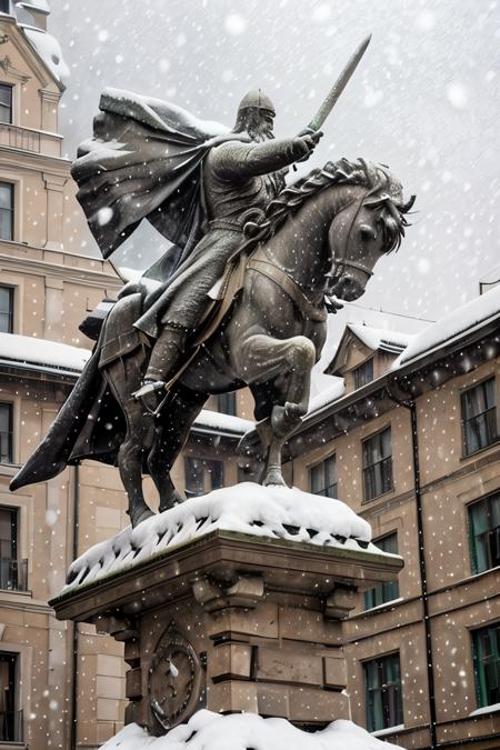 cid statue ,  sword in hand <lora:El cid:0.67>   four paws , snow in the  background ,horse in rampant motion , snowing hard