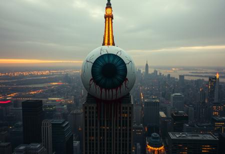 cinematic, 32k, hyper detailed, a giant eyeball speard on top of the empire state building, bleeding
