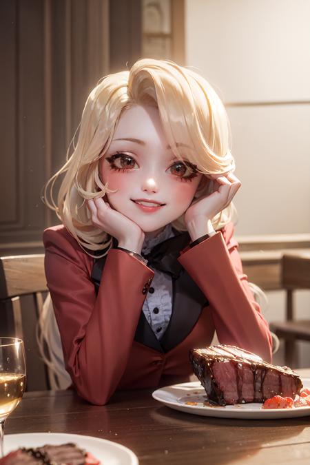 (masterpiece, best quality:1.2), <lora:hazbin_morningstar-10:0.8>, upper body, solo, 1girl, charlie morningstar, smile, looking at viewer, head rest, long hair, red suit, indoors, table, steak on a plate, drinking glass