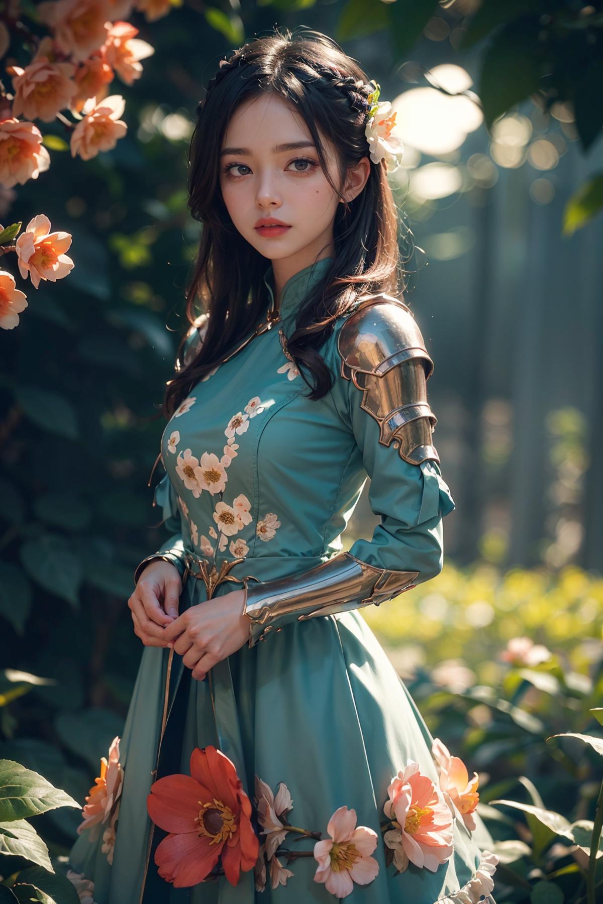 A young woman in a blue dress and metal armor poses near flowers.