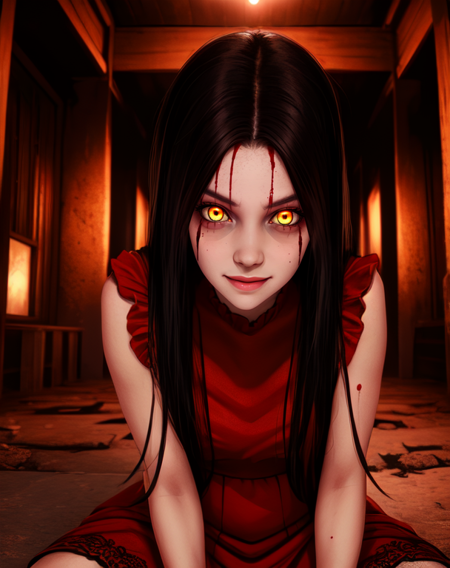 alma,yellow eyes,glowing eyes,black hair,
red dress,smile,
upper body,sitting,
building,blood halls,
(insanely detailed, beautiful detailed face,beautiful detailed eyes, masterpiece, best quality),<lora:Almawade:0.7>,