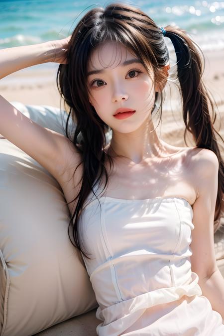 1girl on beach, twintails, sand, sea, wind, cloud, (wet, white_sundress, sleeveless), (best quality, masterpiece, 16k, raw photo, ultra high res:1.2), sharp focus, blurry background, close up