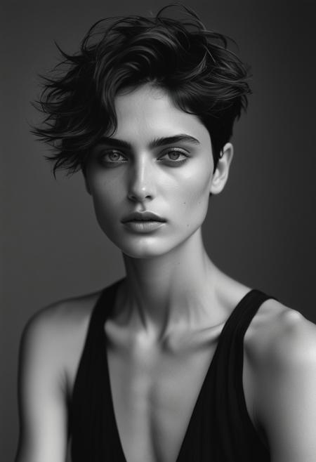 Black and white film portrait, reminiscent of classic fashion photography.  Androgynous model with short, tousled hair, wearing minimal black clothing.  Confident yet vulnerable expression.  Soft, diffused light, emphasizing form and texture.  Grainy film aesthetic, high contrast, deep blacks.  Plain backdrop, minimalist composition.  Keywords: strength, elegance, vulnerability, intimacy, fashion.
Model: (Anya Chalotra:0.7), (Sistine Stallone:0.3)
(Award winning, masterpiece, intricate details, 8k UHD, high quality, perfect eyes)
