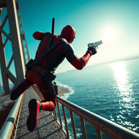 Deadpool is jumping from a bridge in a sea, red third person oponion, super focus on male, superrealistic, in his right hand he has a gun, , you see his back