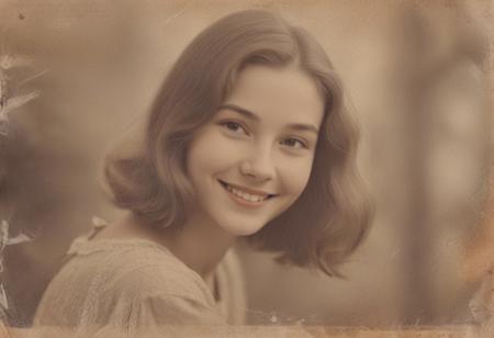 Create a soft, sepia-toned portrait of a young woman with delicate features and a gentle smile. Her hair is smooth and neatly parted, giving a timeless and serene appearance. The composition is inspired by vintage photography, with a warm, nostalgic atmosphere and a blurred background to emphasize an ethereal, dreamy aesthetic.