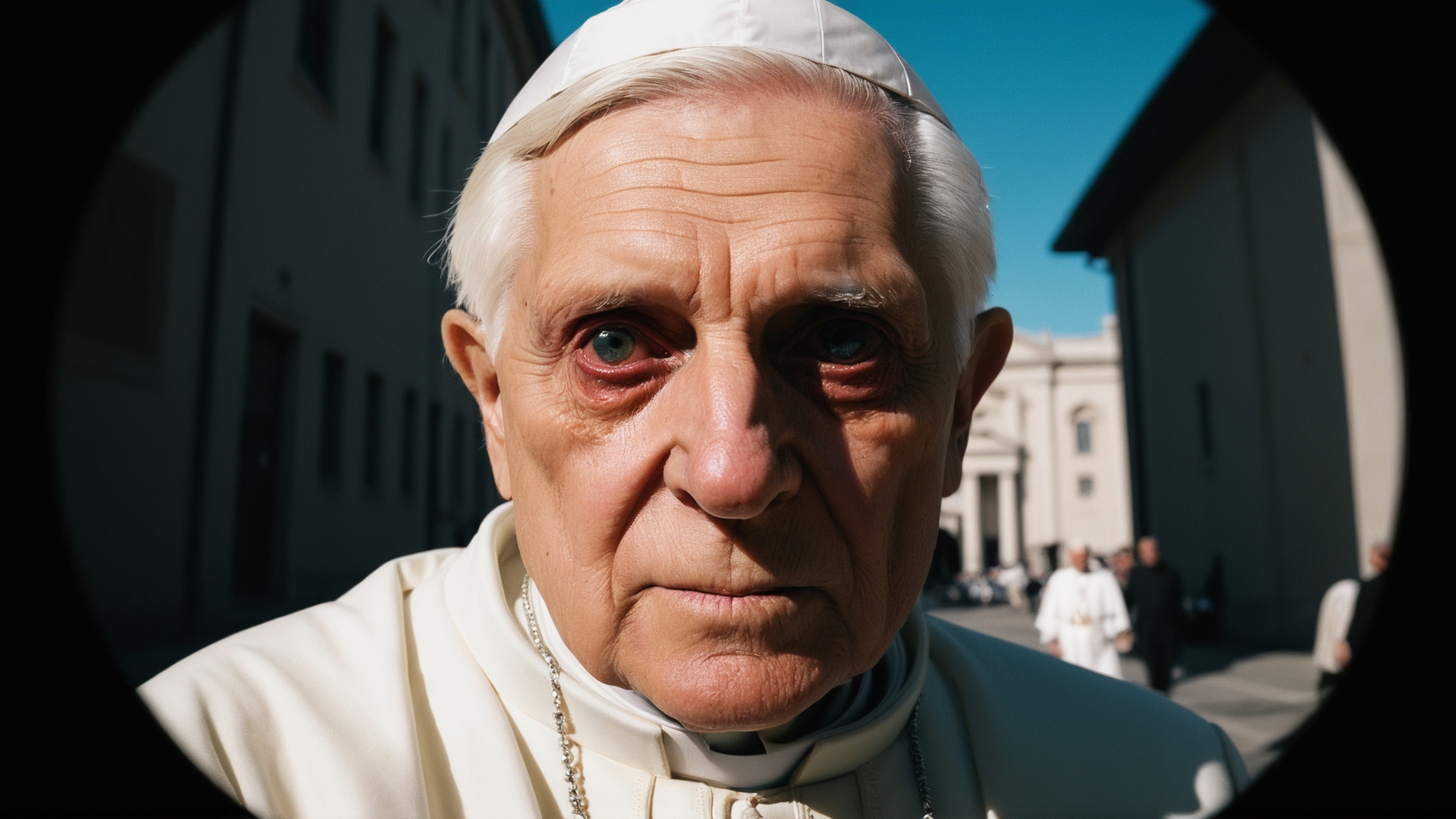 Pope Francis Staring with Red Eyes in Black and White Photograph
