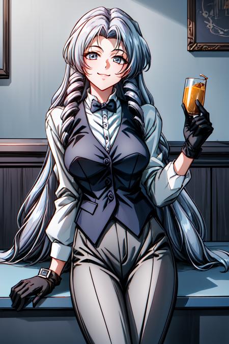 1girl, cowboy shot, (bar:1.2), smile, sitting, 
vg_reimi, grey eyes, grey hair, very long hair, drill hair, gloves, bowtie, white shirt, long sleeves, black vest, gray pants, <lora:VG_reimi_lora_ver1:0.7>, best quality, masterpiece, highres, <lora:GoodHands-vanilla:1>