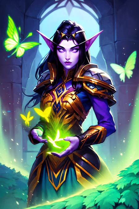 1girl, cowboy shot of beautiful elf druid, colored skin, purple skin, windblown black hair, long pointy ears, simple armored dress, pauldrons, flower diadem, looking at viewer, glowing butterfly, forest, moon, window, volumetric lighting, best quality, masterpiece <lora:sxz-wowstyle_v4_50_64:1>