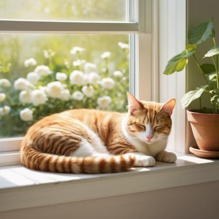 Create an image of a cat sleeping peacefully on a windowsill. The window is open, letting in a soft breeze that ruffles the curtains. Outside the window, there’s a view of a quiet garden or street. The scene is tranquil, capturing the essence of a lazy, sunny afternoon.