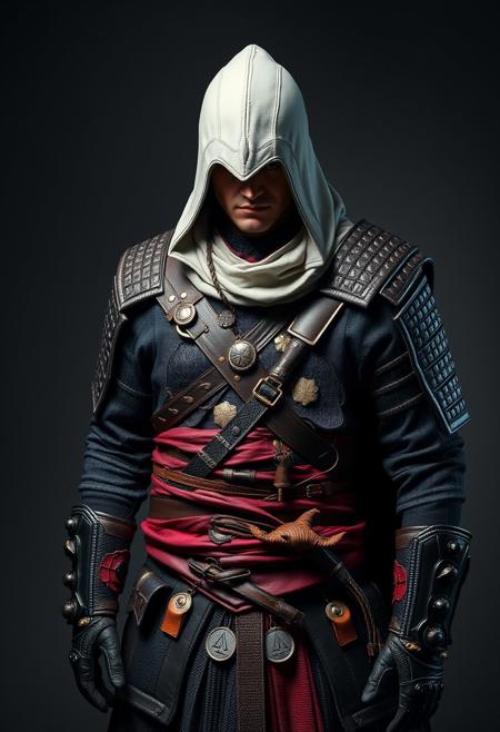Assassin's Creed Character, samurai costume, leather armour,  masterful studio photography