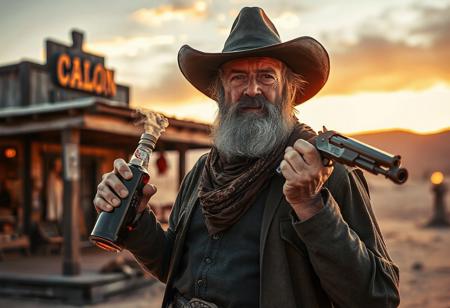 cinematographic scene, ultra-realistic image, full-length elderly cowboy with gray hair and beard, holding a bottle of whiskey in one hand, with the other hand holding a gun and resting it on his shoulder, smoke coming from the barrel of the gun, saloon in the background, sunset light, desert, western atmosphere