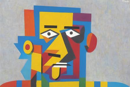 p1c4ss0, a very bright and colorful abstract portrait made out of squares and triangles: homer simpson