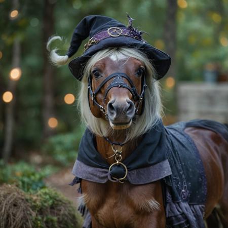 cinematic film still a horse wearing a witch  outfit ,  cute and adorable,  . shallow depth of field, vignette, highly detailed, high budget, bokeh, cinemascope, moody, epic, gorgeous, film grain, grainy