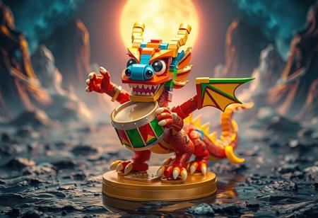 The detailed 4K image showcases a vibrant Googly-Eyes Drum Dragon, standing proudly on a Gold Moon Coin base, with its colorful body composed of blocks and pieces in bold blues, greens, reds, oranges, and yellows. The Googly-Eyes Drum Dragon, ready for action, has its arms and legs spread out, against a epic Giant Flood backdrop. The image, hyper-realistic with vivid colors and sharp lines, highlights the Googly-Eyes Drum Dragon's dynamic action pose and captivating lighting, showcasing its handcrafted precision, creative design, and joyful impact. The Googly-Eyes Drum Dragon, a celebration of color and creativity, stands in the foreground with impeccable composition, stunning the viewer with its detailed face, beautiful eyes, and powerful message.