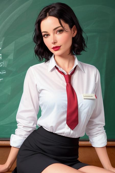 photo of a woman, ameliacooke-4956:0.99, ((short hair, black hair):1.3),((necktie, white shirt, skirt):1.2),  ((cowboy shot, waist, hips, thighs):1.2), ((sitting, classroom, chalkboard):1.3),((red lipstick,heavy eyeliner, heavy eye shadow, blush):1.2), ((best quality, masterpiece, extreme details, high resolution):1.2), ((detailed eyes, beautiful eyes, detailed face, beautiful face):1.2)