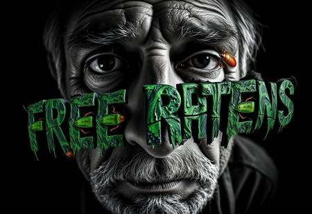 “A black-and-white abstract dystopian photograph captured with a cinema-grade 12mm fisheye lens, offering a warped, immersive perspective that distorts reality. The close-up portrait of a rugged 50-year-old rural man shows his face fragmented into disjointed rectangular sections, with his eyes, nose, mouth, and skin displaced in chaotic randomness. Within the fractured gaps, oversized cockroaches, with vivid green and orange hues contrasting against the monochrome, crawl and writhe. Their shiny, textured bodies and twitching legs pop against the stark black-and-white, intensifying the grotesque feeling. Scrawled across the scene in decayed, rotten lettering, the phrase ‘FREE PROTEINS’ oozes in a murky, decaying shade of green, further enhancing the unsettling tone. The chiaroscuro lighting casts deep shadows, highlighting the contrasting colors of the cockroaches and the dissonant mood, making the entire composition feel even more surreal and nightmarish.”