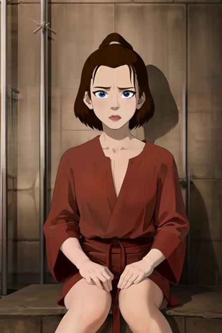 (masterpiece), (best quality), (ultra highres),
<lora:suki:1.0>, 1girl, suki, brown hair, blue eyes,
prison clothes, prisoner, red robe,
sitting, bored