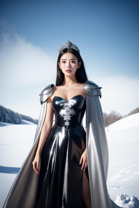 knight, long black hair, black eyes, silver armor, fantasy, elegant crown, winter landscape, snowflakes, cold atmosphere, (highres:1.3), (detailed:1.2), majestic, confident stance, (metallic shine:1.1), royal, poised, serene expression, (vibrant:1.1), detailed armor design, shimmering metal, intricate embroidery on cloak