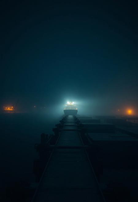 An abandoned harbor dock at midnight, drenched in deep teal and shadowy blacks. The camera floats above still water, reflecting faint amber lights from distant cranes. Fog crawls slowly across the pier, engulfing empty shipping containers and rusting rails. A single cargo ship drifts in without sound, its floodlights flickering softly through the haze. The silence is near-complete, broken only by the low echo of waves and distant industrial groans. Cinematic, 4K, 35mm film texture, muted tones, eerie and dreamlike—like a forgotten place caught between worlds.