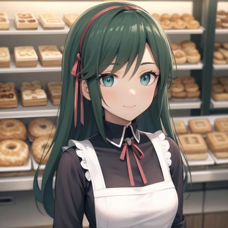 best quality, (masterpiece:1.2), illustration, absurdres,
(1girl, solo), (beautiful detailed girl), ((portrait, upper body)),
<lora:Bennet-08:0.8>, Bennet, aqua eyes, green hair, long hair, small breasts, hair ribbon, red headband,
black shirt, white apron, 
((inside intricate detailed bakery)), bread, pastries, table, store, shop,, ((blurry background, depth of field))
(shy:1.1), smile, looking at viewer,