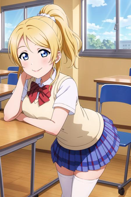 (masterpiece, best quality), 1girl,
<lora:EliAyase_Mistoon_Locon_CulturedDiffusion:0.6>, eli ayase, blonde hair, blue eyes, ponytail,
seductive smile, hands behind head, leaning forward,
school uniform, white thighhighs,
classroom, table, chair, window,