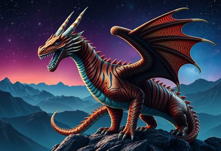 A tiger-striped dragon with sharp scales.  Two hons.  Dragon Wings.
Background mountains at night. Cosmic skyscape.  Synthwave colorscheme. Very realistic, photographic style.