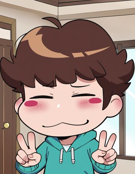 yuzuhiko yuzuhiko, :3, brown hair, aclosed eyes, blush stickers, chibi,