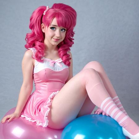 female, girl, pink dress, pink hair, pinkie pie, sitting on a translucent blue balloon, human, cosplay, friendly, cute