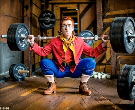 jimhawkins, medieval, victorian, braid, short hair, belt, cosplay, boots, clogs, blue pants, parody, oversized clothes, neckerchief, red jacket, best quality, squatting, barbell, weightlifting, red hair, , 
<lora:jimhawkins-step00017500:0.9> ,, 8k uhd, dslr, high quality, film grain, Fujifilm XT3