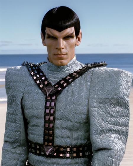 romulan, male, (tomalak:1.1), andreas katsulas, 50 years old, pointy ears, tan olive skin, (brown eyes:1.1), perfecteyes eyes, v-shaped brow ridge on forehead, short bob hair with straight bangs, serious expression, wearing romulan uniform, wearing belted harness, silver clothing, at the beach, sunny day, outdoors, wide shot, <lora:romulan_lora:0.8>, <lora:locon_perfecteyes_v1_from_v1_64_32:0.2>