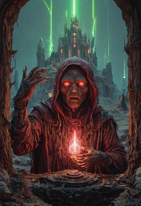 appears trapped in an optical illusion of reflections and refractions. Illustration by moebius, a tower in a desert, intricate details, an undead wizard with glowing DarkScarlet eyes wearing robes that are Burgundy and RedWine with an intricate pattern of NeonRed lightening motif have the wizards hands spread out with energy glowing around his hands that are the same color as his glowing eyes also have the mouth open and the face of the undead wizard look very decayed but still have some flesh medium grain, FRESHIDESH Moebius comic book