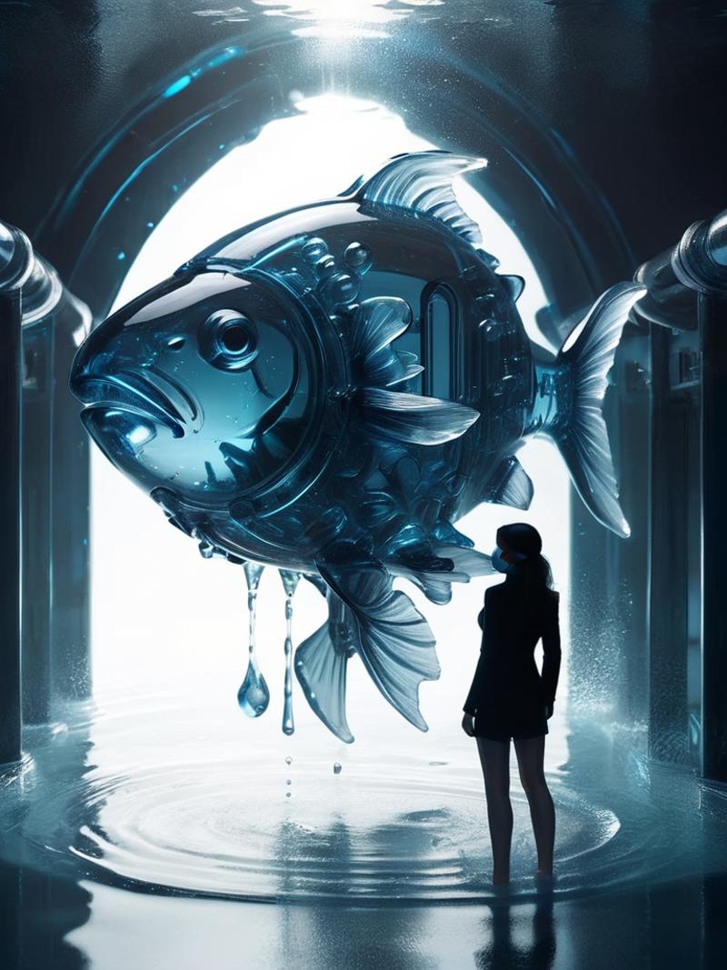 A woman standing under a giant fish sculpture with blue and white accents.