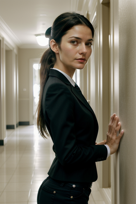 JillHennessy, lawyer, (closeup on face:1.3), (tight ponytail:1.1), ((slim, fit, lanky, coltish:1.5)), serious look, business suit, black jacket, white blouse, looking at viewer, holding manila folders, Hasselblad H6D, portrait, natural lighting, oiled skin, perfect eye blush, slightly open mouth, long eye lashes, <lora:epiCRealismHelper:0.2>, <lora:hairdetailer:0.3>, ((courthouse hallway backdrop:1.3)), detailed skin texture, (blush:0.5), (goosebumps:0.5), subsurface scattering, RAW candid cinema, 16mm, color graded portra 400 film, remarkable color, ultra realistic, textured skin, remarkable detailed pupils, realistic dull skin noise, visible skin detail, skin fuzz, dry skin, shot with cinematic camera