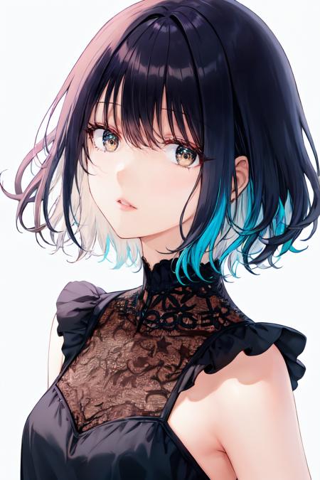 <lora:hiten_style:1>hitan style, 1girl,solo, upper body,looking at viewer, white background, bob cut, short hair, multicolored hair, makeup , parted lips, black lips, eyeliner, gothic, goth girl