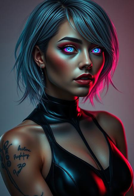 A mesmerizing, photorealistic 30-year-old cyberpunk seductress, her gaze captivating with a mesmerizing glow, enhanced by advanced ocular implants. Her hair, a cascade of bioluminescent strands, is styled in a futuristic, asymmetrical bob, framing her face perfectly. Her flawless, porcelain skin is adorned with subtle bioluminescent tattoos, accentuating her curves. A cybernetic arm, sleek and elegant, is a testament to both her power and beauty. Her makeup, a blend of organic and digital enhancements, is both striking and ethereal: iridescent eyeshadow that shifts color with every movement, bioluminescent lip gloss, and a perfectly arched brow, enhanced by micro-needling technology. Clad in a skin-tight, body-hugging suit, she exudes an air of confidence and danger, a true femme fatale of the future.