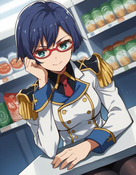 kasumi shigure, short hair, blue eyes, green eyes, blue hair, glasses, red-framed eyewear, medium breasts, skirt, pantyhose, necktie, uniform, black pantyhose, military, military uniform, epaulettes