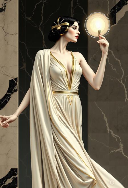art deco woman 1920s retro-futurism , alabaster and marble , gold and chrome , flowing robes