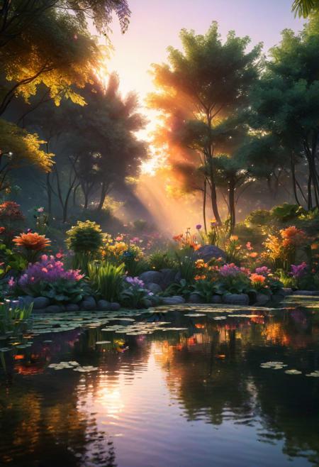 ultra-detailed, (realistic, photorealistic, photo-realistic),  beautiful peaceful evening pond, serene reflection of the sky and clouds in the calm water, captivating atmosphere with warm sunset lighting, golden rays of sunlight filtering through the trees, twilight, sunset light, gentle ripples spreading across the surface, tranquil setting adorned with blooming lotus flowers and water lilies, faint chirping of birds in the distance, subtle breeze rustling the leaves, scattered rocks adding depth and texture to the pond, lush greenery surrounding the pond, just the right balance of light and shadow, impressionistic style with soft brushstrokes, warm color palette with shades of gold, orange, and purple, subtle play of light and shadow enhancing the mood, soothing and calming ambiance, perfect harmony between nature and tranquility, Depth of field, wallpaper, high contrast, intricate details, volumetric lighting, (dynamic composition:1.2), highly detailed, colorful details, (iridescent colors:1.2), (glowing lighting, atmospheric lighting), dreamy, magical, (solo), lens flare, (colorful:1.0), Cinematic light, high-res, sharp focus, smooth, colorful light, particles, (rainbow colors schemes),