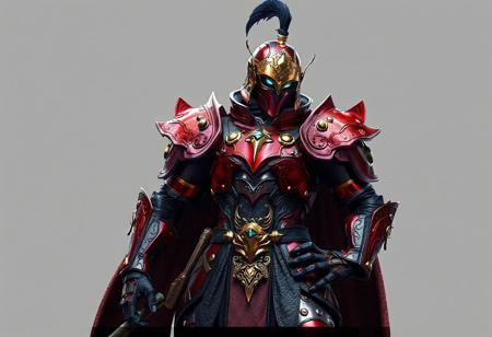 Digital rendering showcases a Gravekeeper's Cannonholder, ready for battle, dressed in an intricately detailed Metal Armored Bug suit, predominantly red and gold with black and silver accents. The helmet features a prominent plume, and the Cannonholder's confident posture, with one hand on the hip and the other on the thigh, exudes a sense of readiness. A neutral backdrop of an Aquamirror Contact enhances the vibrant colors of the armor in the 4K image, which boasts exceptional quality, lifelike details, sharp lines, harmonious colors, and a dynamic action pose, all handcrafted with precision and high-quality brush strokes. The image's impeccable composition, captivating lighting, and vivid emotions make it a stunning and beautiful artwork, with detailed eyes and a powerful message, trending on ArtstationHQ.