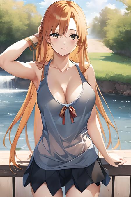 ((masterpiece)), ((best quality)), (slender_body:1.1), (wide_hips:1.2), (narrow_waist:1.2),
Asuna Yuuki, 1girl,  breasts, cleavage,  huge breasts, large breasts,  long hair, midriff, navel, outdoors, large boobs, orange hair, long hair, skirt, miniskirt, microskirt, nice ass, big boobs, realistic, ultra realistic, hyper realistic, real life, highly detailed, focused,
 <lora:downblouse-v1:0.6>  <lora:microskirt_v0.2:0.6> <lora:Asuna Yuuki 2:1>