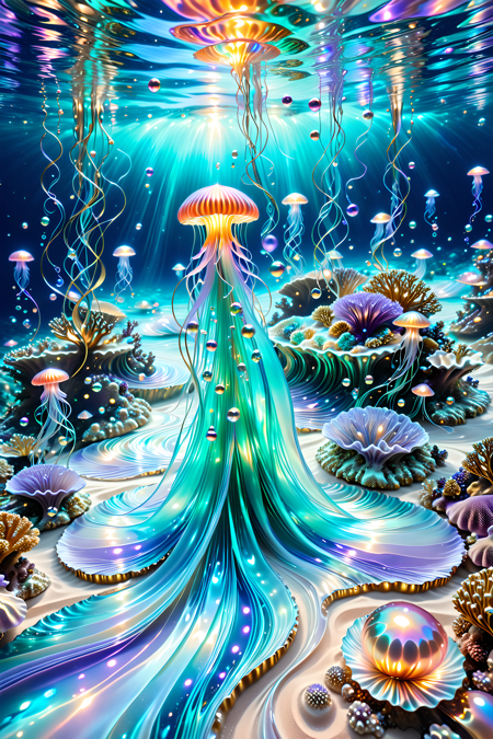 A surreal underwater realm where coral castles drip with glowing pearlescent syrup,jellyfish float like silk lanterns above a pearly sand floor,and luminous mermaids paint ocean currents with swirling trails of light and flowing pigments,magical realism,photoreal style,intricate lighting,wing rivers of colored pearl liquid,her long hair fluttering in the bright water,the swirling currents reflecting shimmering silver,lavender and soft gold,the whole scene exudes divine brilliance and surreal mystery,
photorealistic,ultra-high detail,ethereal light,
made of l1qu1dp34rl,pearlescent,flowing through bioluminescent coral reefs,iridescent bubbles rising in turquoise water,hyper-realistic translucency,pearlescent,
Masterpiece,best quality,hi res,8k,hi res,8k,award winning,(sharp focus, intricate, highly detailed),<lora:SDXLFaeTastic2400:0.4>,<lora:liquidpearlXL_r1:1>,<lora:TrendCraft_The_Peoples_Style_Detailer-v2.1A-3_12_2025-SDXL:0.8>