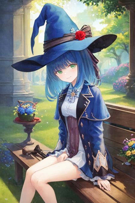 masterpiece, best quality, sharon, 1girl, witch hat, blue hat, blue robe, smile, brooch, blue ribbon, small dress, white dress, blue bow, green eyes, loose sleeve, portrait, blue hair, (short hair:0.7), flower garden, bare legs, sitting on bench, flower field,