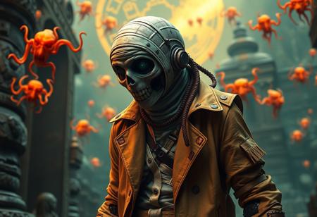 Hyper-detailed of a biomechanical mummy-robot hybrid (bandages fused with corroded metal), wearing a skin-tight nurse uniform under tattered maritime trenchcoat. Creeping menacingly through a cosmic temple, surrounded by floating orange demonic entities and Mr. Nimbus-inspired tentacle accessories. Style fusion: Artgerm's glossy character design, Greg Rutkowski's dark fantasy textures, Alphonse Mucha's symbolic motifs (ankh engravings), and Android Jones' psychedelic space背景. Rendered in Octane with parallax volumetric lighting, Unreal Engine 5 nanite details, and CryEngine's atmospheric depth. Editorial aesthetic: Vogue meets Fantastic Planet, 8K photorealism, micro-textured bandages/rust, golden ratio composition, trending on ArtStation