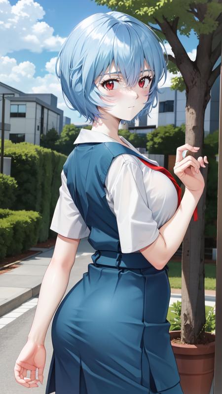 ReiU,  1girl,  solo,  short hair,  blue hair,  red eyes,  hair between eyes,  closed mouth,  bangs,  large breasts,  school uniform,  skirt,  ribbon,  tokyo-3 middle school uniform,  shirt,  red ribbon,  expressionless,  standing,  white shirt,  short sleeves,  blush,  neck ribbon,  pale skin,  collarbone,  blue skirt,  outdoors,  sky,  clouds,  trees,  school,  campus,  from behind,  ass focus,  looking back,  big ass,<lora:EMS-270868-EMS:0.800000>